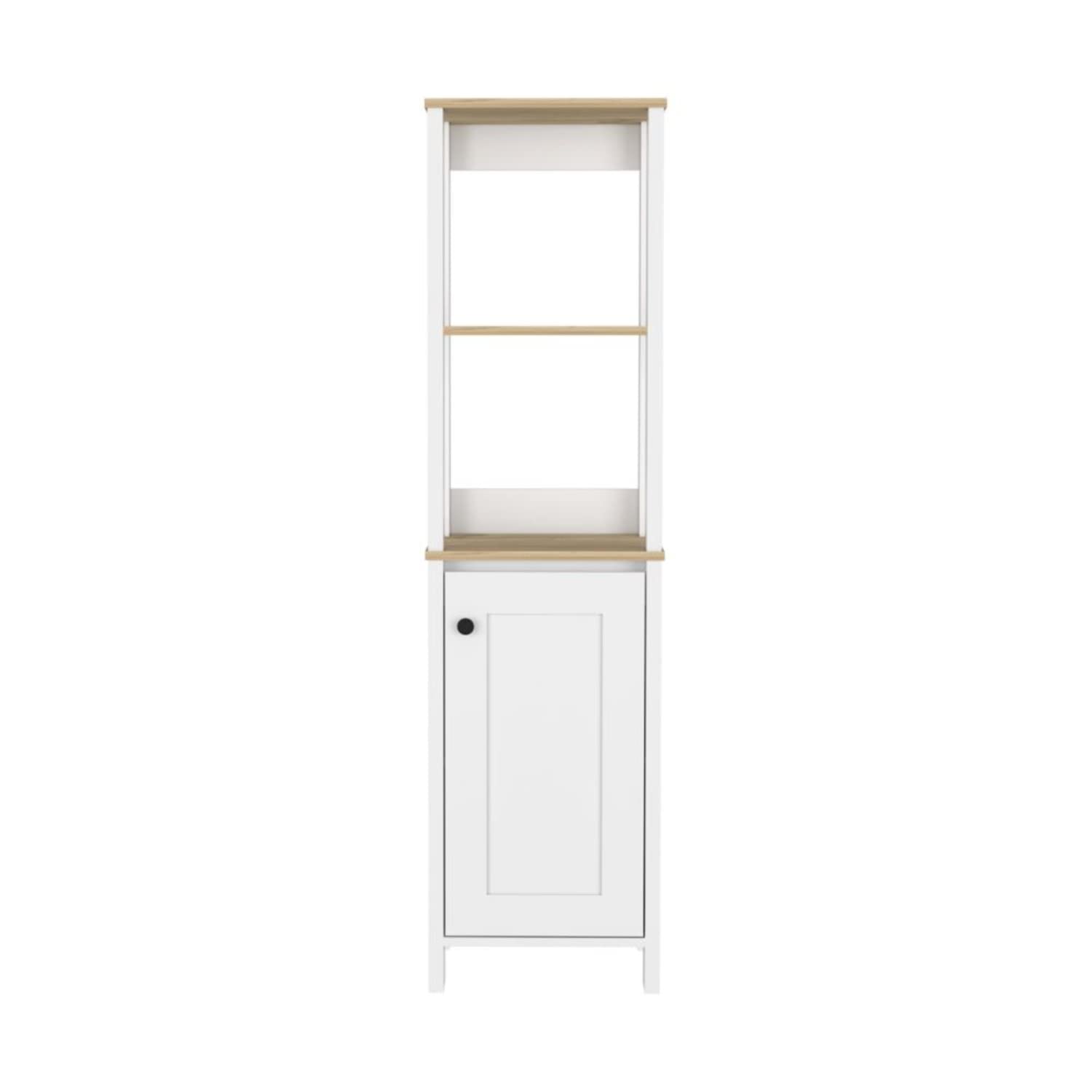 Linen Single Door Cabinet 59.3H, 2 Interior Shelves, 2 Open Shelves, Light Oak/White