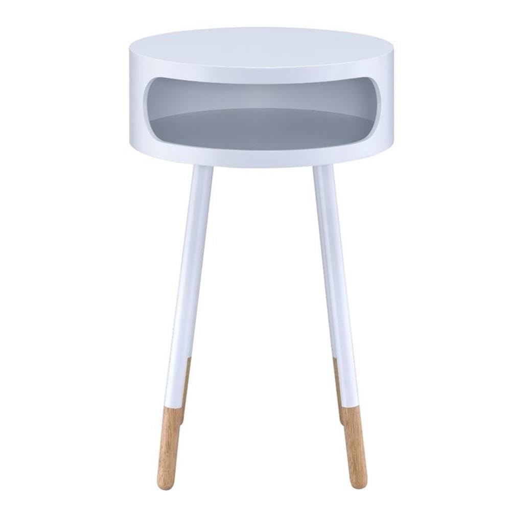 Acme Sonria Round Wooden End Table with 1 Compartment in White and Natural