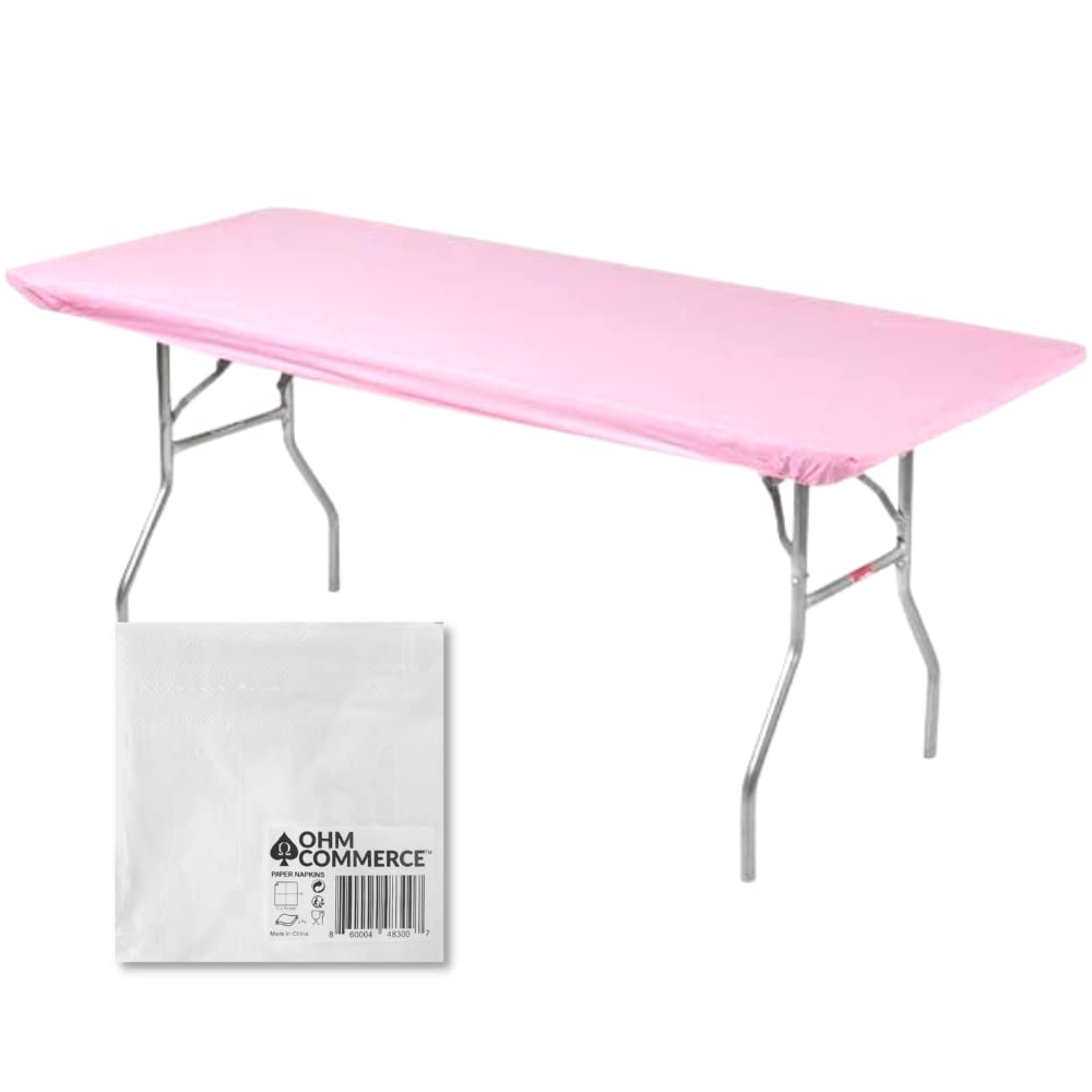 Kwik-Covers 5 Pack Of Rectangular Plastic Table Covers Bundle - 70 Paper Napkins Included - For 6' Foot Or 8' Foot Tables - (Table Not Included) (Pink, 30' X 72' (6' Foot Table))