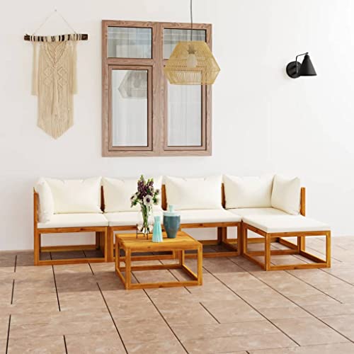 vidaXL Patio Lounge Set 6 Piece, Sectional Sofa for Outdoor Garden, Patio Furniture with Cushion, Coffee Table, Modern Style, Cream Solid Acacia Wood