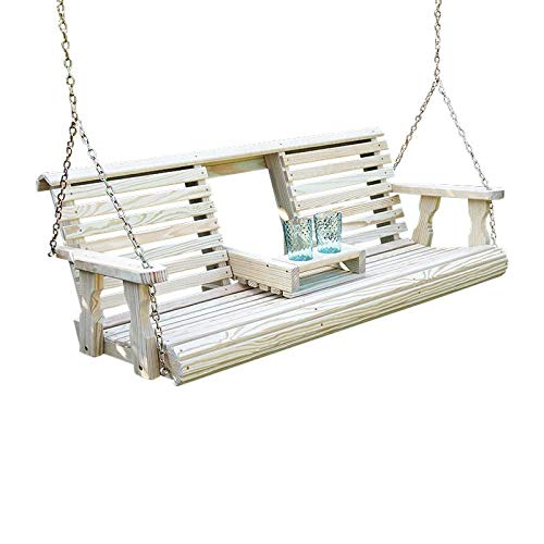 Porchgate Amish Heavy Duty Console Porch Swing With Fold Down Cup Holders In Unfinished - Amish Made In The Usa From Treated Pine, Hanging Chains Included