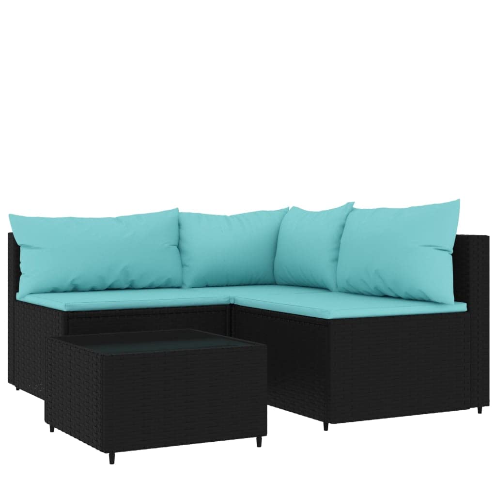 vidaXL 4-Piece Patio Lounge Set in Black Poly Rattan with Cushions - Weather-Resistant, Easy-to-Clean, Powder-Coated Steel Frame, Tempered Glass Tabletop