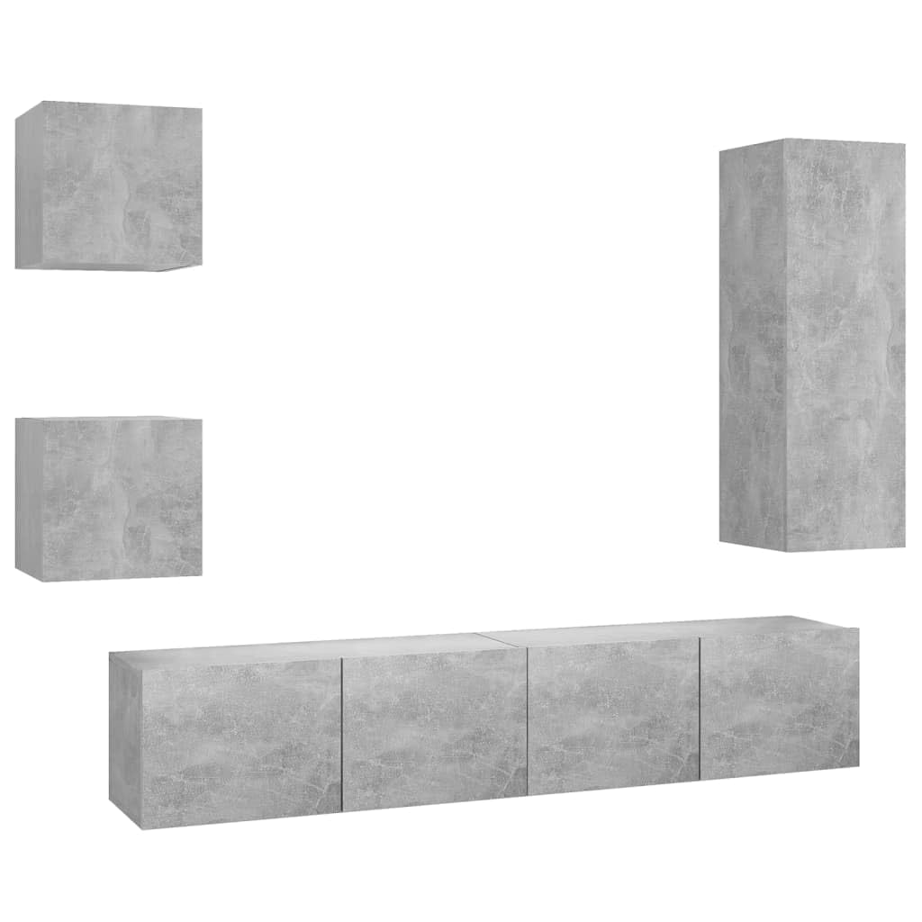 vidaXL TV Cabinet Set 5 Piece Living Room Bedroom Furniture HiFi Stereo Cabinet TV Stand Media Unit Entertainment Center Engineered Wood Concrete Gray