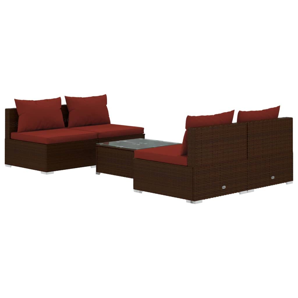 vidaXL 5 Piece Patio Lounge Set - Poly Rattan Garden Furniture with Cushions, Brown & Cinnamon Red, Modular Design, Weather-Resi