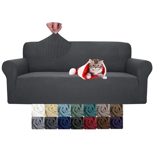 Jiviner High Stretch Couch Covers For 3 Cushion Couch, 1-Piece Jacquard Sofa Slipcovers Fitted Washable Sofa Covers With Elastic Bottom Furniture Protector For Kids Pets (Sofa, Grey)