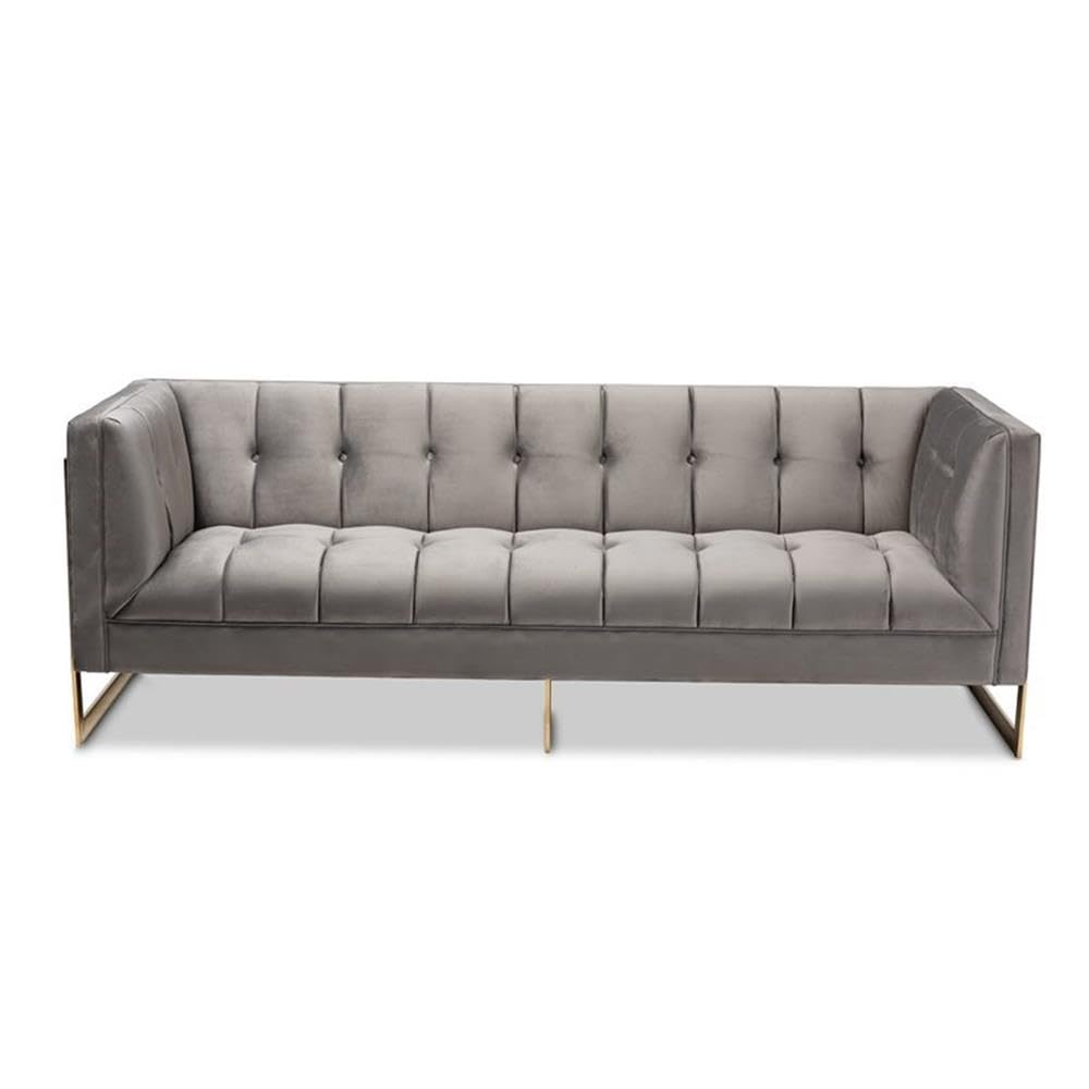 Baxton Studio Ambra Glam and Luxe Grey Velvet Fabric Upholstered and Button Tufted Sofa with Gold-Tone Frame