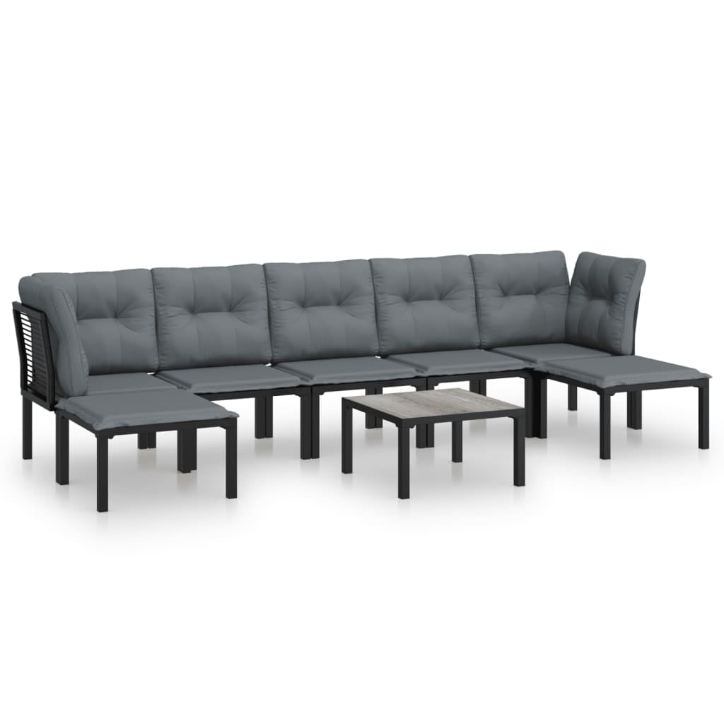 vidaXL 8 Piece Patio Lounge Set - Black and Gray - Weather-Resistant Poly Rattan with Powder-Coated Steel Frame - Includes Table