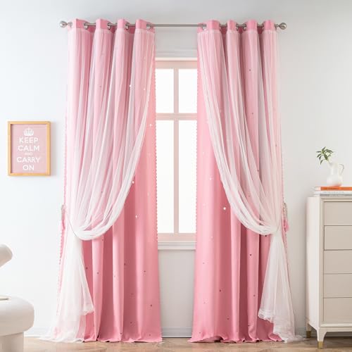 Yancorp Pink Curtains For Bedroom Living Room Thermal Insulated Kids Curtain Hollow-Out Star Window Nursery Curtain 63 Inches Length Room Darkening Grommet(Pink,52 * 63),1 Panel
