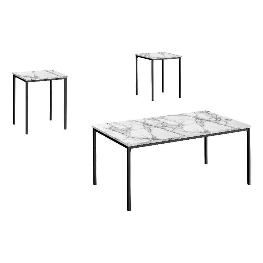 Monarch Specialties 7892P, 3Pcs, Coffee, End, Black Metal, White Marble Look Laminate, Contemporary Table Set, 42 Inch  L X 22 Inch  W X 1