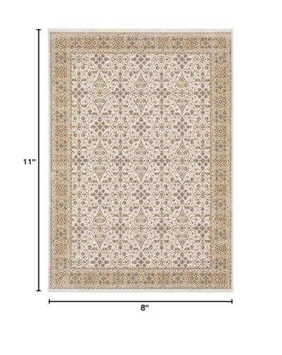 HomeRoots 509385 8 x 11 ft. Ivory & Gold Oriental Power Loom Stain Resistant Rectangle Area Rug with Fringe