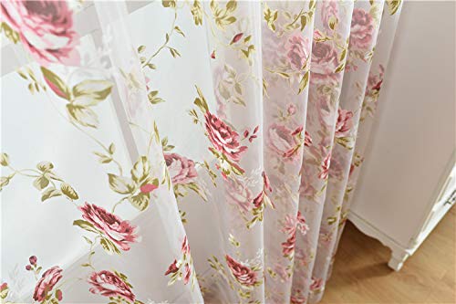 Kolachic Rod Pocket Top Rose Floral Sheer Voile Curtain, Pink Flower Tulle Transparent Window Treatment For Living Room Bedroom