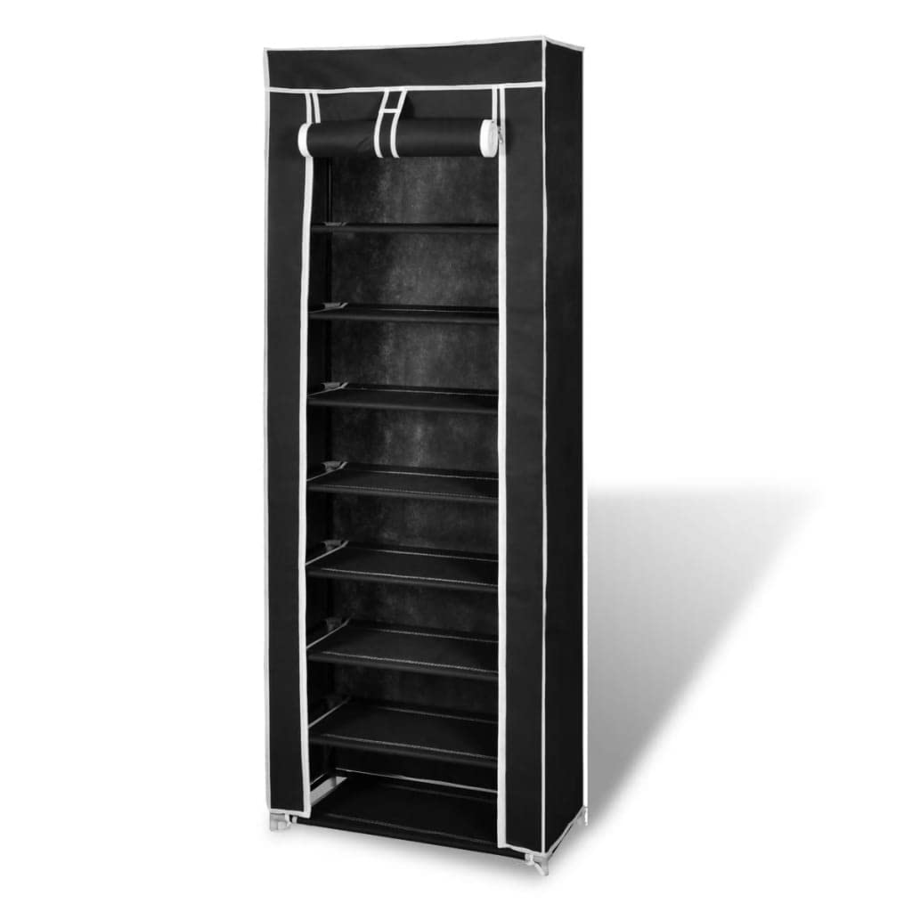 vidaXL 8-Tier Fabric Shoe Cabinet with Cover - Space-Saving Shoe Organizer, Dust-Proof, Lightweight and Portable, Black, Hold Up to 20 Pairs of Shoes, 22" x 11" x 64"