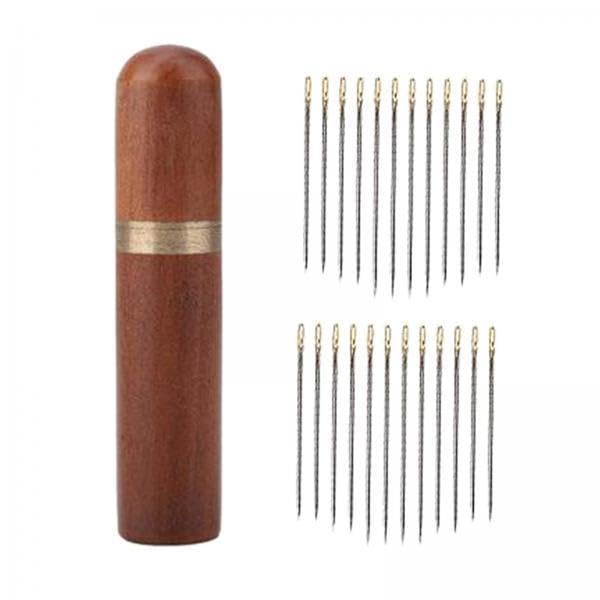 ATORSE 4x24x Self Threading Needles with Wooden Needle Case Brown_Golden Needles