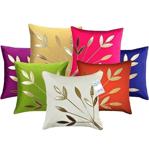 Msenterprises Gold Floral Design Polyester Cushion Covers For Sofa, Bed & Office Decor (Multicolor, 16 X 16 Inch, Pack Of 7)