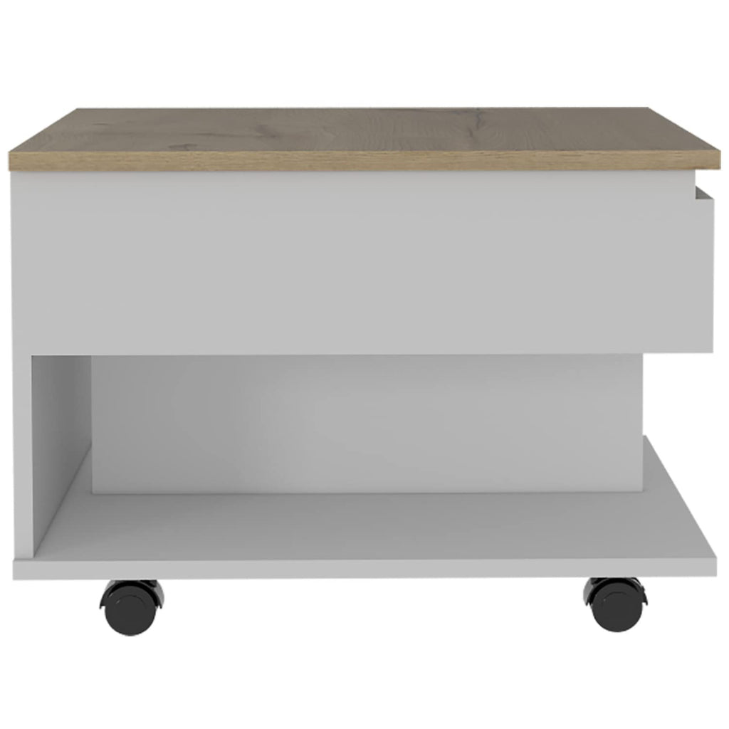 Babel 22-inch Wide Lift Top Coffee Table with Caster Wheels and 1 Shelf, White/Light Oak