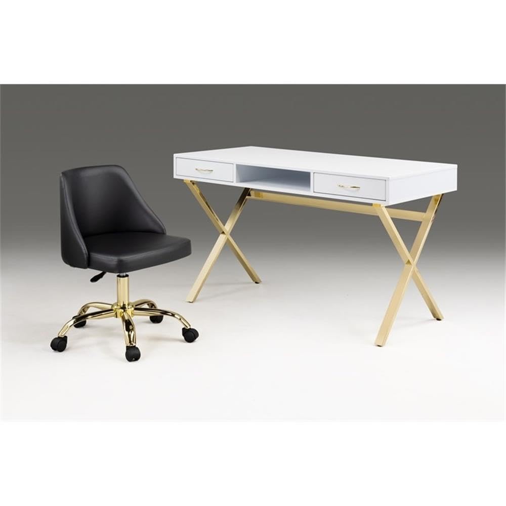 Neos Modern Furniture White top Desk with Two Drawers/Gold Base