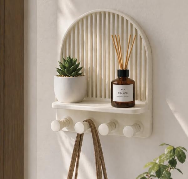 Arched Wall Shelf With Hooks, Ribbed Back, Cream White