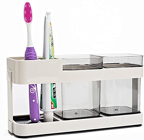 Philocaly Enterprise Plastic Bathroom Toothbrush Toothpaste Holder Stand Storage Organizer with Cup, Off White (2 Cup Toothbrush