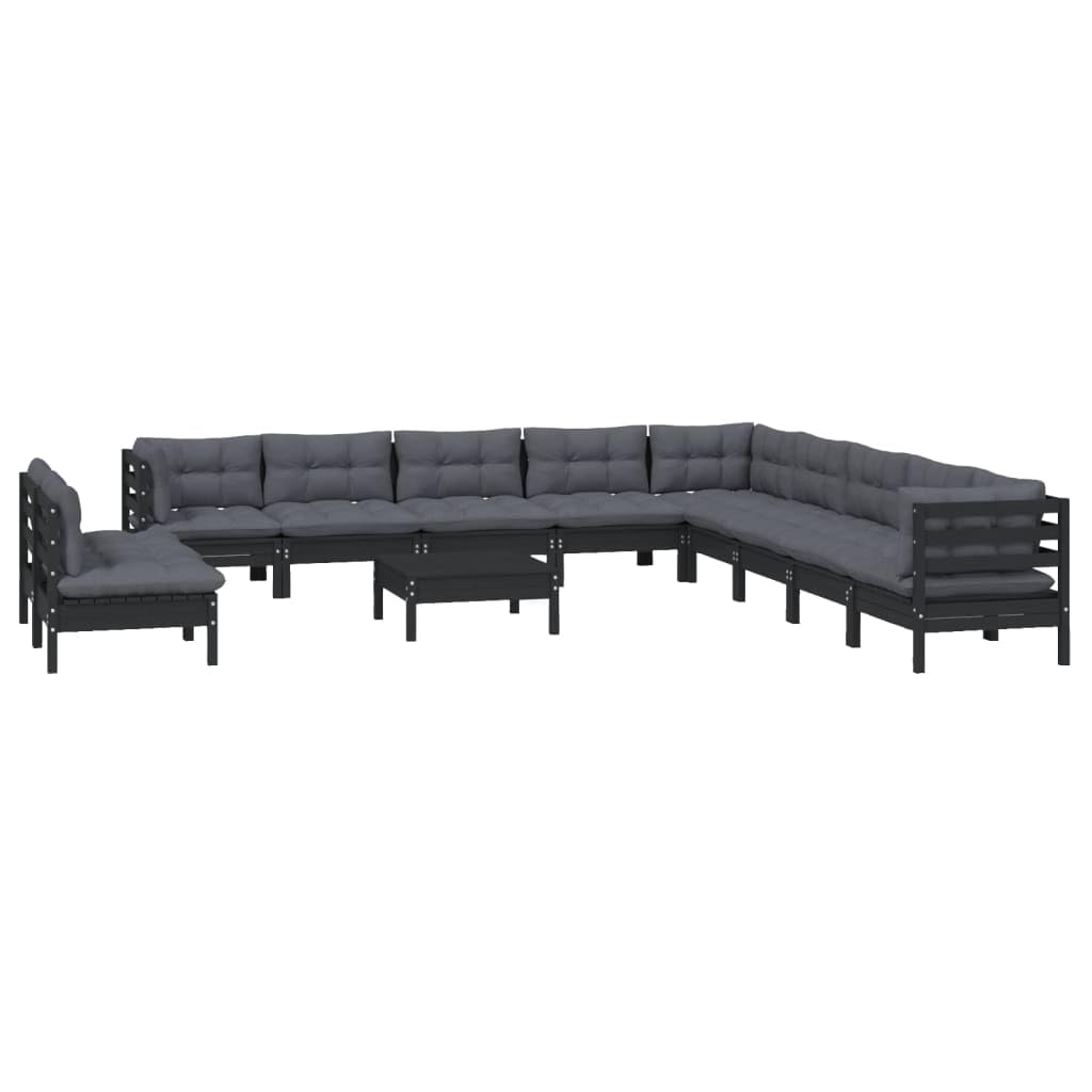vidaXL Solid Pinewood Patio Lounge Set 12 Piece with Cushions Garden Outdoor Lawn Yard Terrace Balcony Wooden Seat Seating Furniture Black
