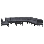 vidaXL Solid Pinewood Patio Lounge Set 12 Piece with Cushions Garden Outdoor Lawn Yard Terrace Balcony Wooden Seat Seating Furniture Black