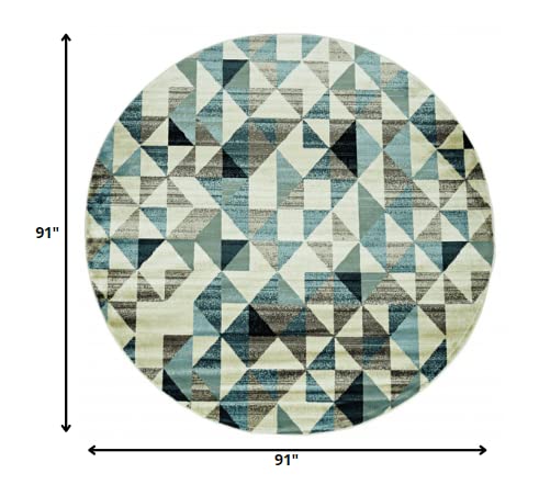 Homeroots Heat-Set Polypropelene 8?™ Round Blue Beige Nested Diamonds Modern Area Rug
