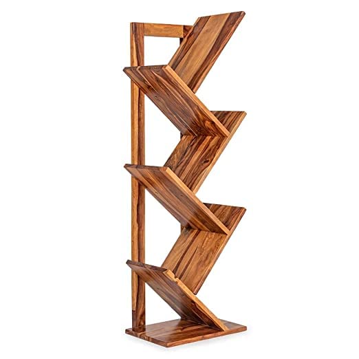 WoodMarwar Solid Sheesham Wood Book Shelf | Wooden Tree Shape Bookshelf | Free Standing Bookcase with 6 Open Shelf Storage | Uti