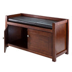 Ergode Colin Bench | Versatile & Stylish | Dark Faux Leather Cushion | 2 Corn Husk Baskets | Slated Shelf | Ample Comfort | Chocolate Brown | Sturdy Wood | (94392-VV)
