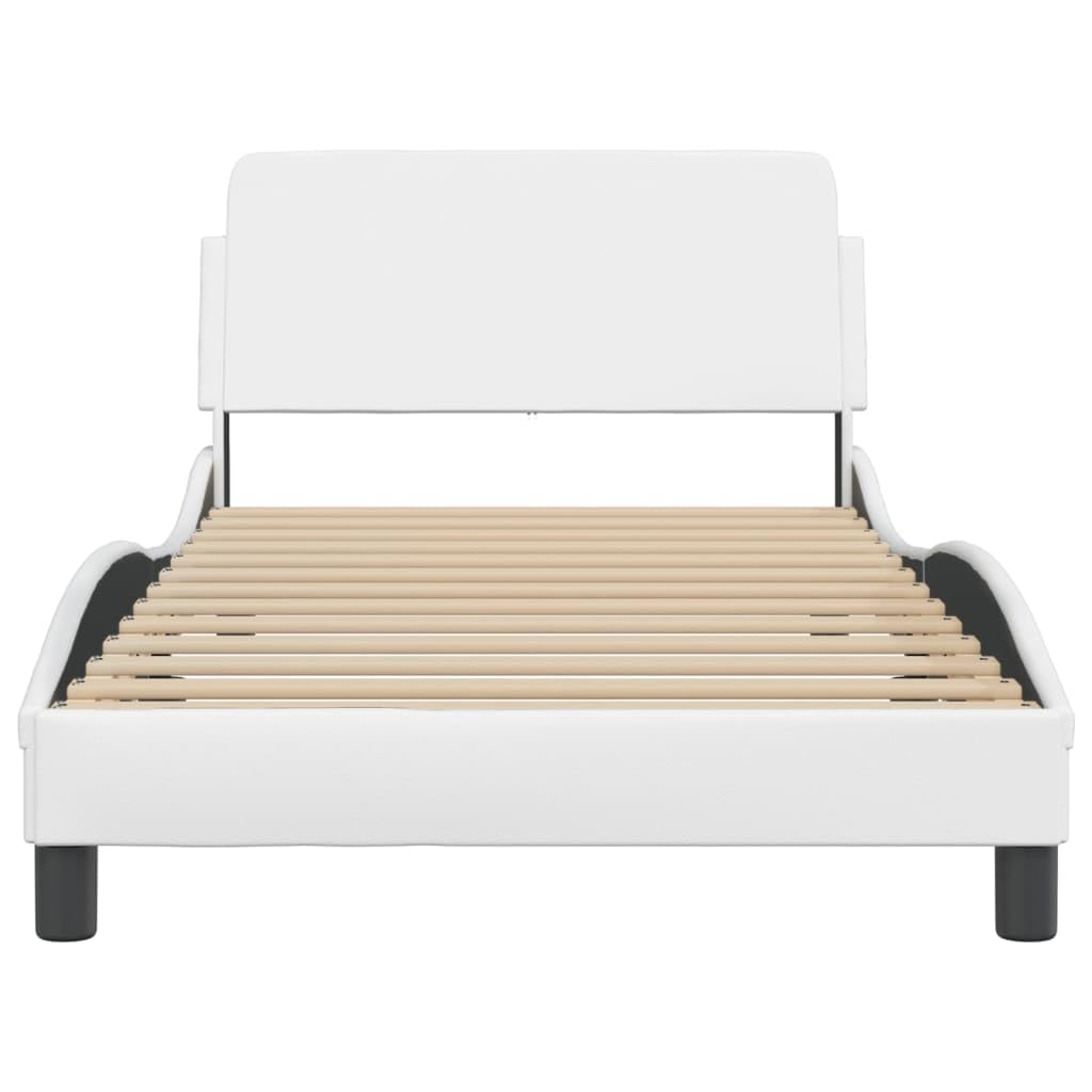 vidaXL Elegant White Faux Leather Bed Frame with Waved Design and Headboard - 39.4"x74.8" - Durable & Stain-Resistant Material, Supportive Plywood Slats, Easy Assembly for Bedroom Comfort