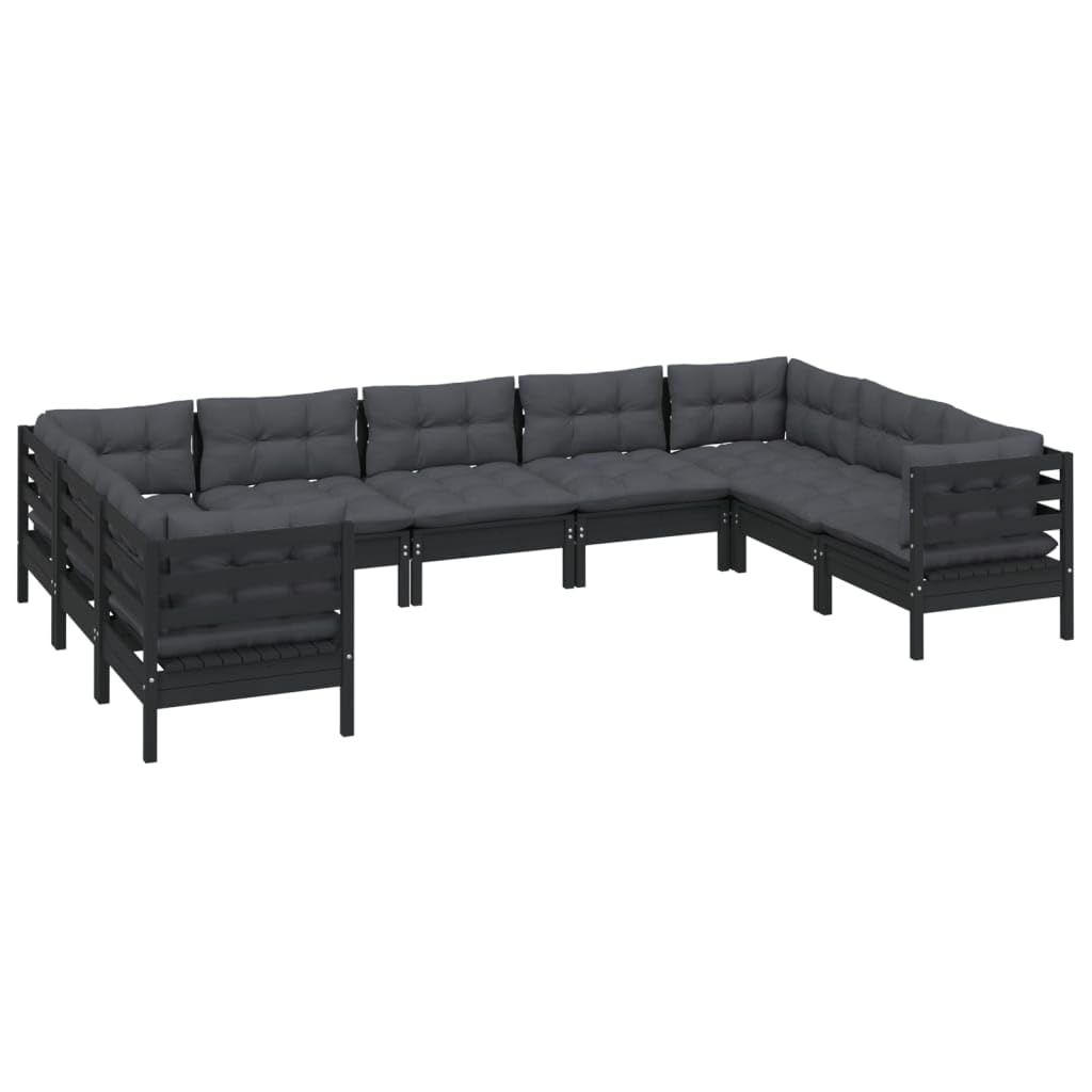 vidaXL Solid Pinewood Patio Lounge Set 9 Piece with Cushions Garden Outdoor Lawn Yard Terrace Balcony Wooden Seat Seating Furniture Black
