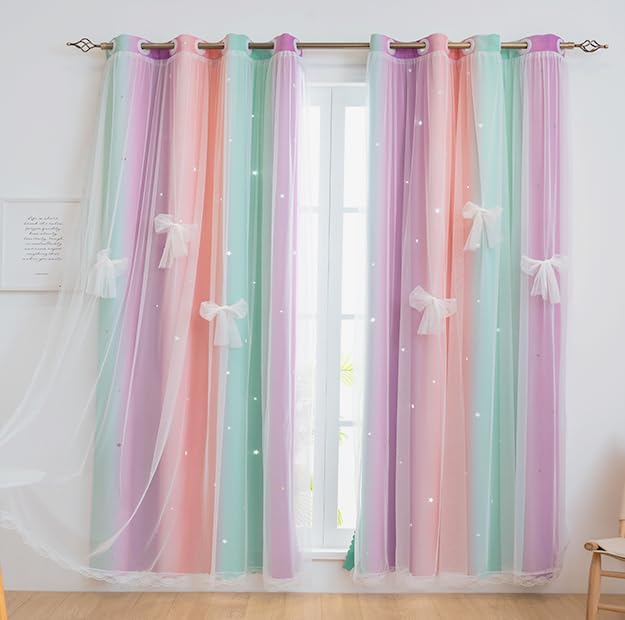 Yancorp Curtains For Girls Bedroom Kids Curtain Hollow-Out Star Window Nursery Curtain 72 Inches Length Room Darkening Grommet 2 Layers (Green Pink Purple, W52 X L72)