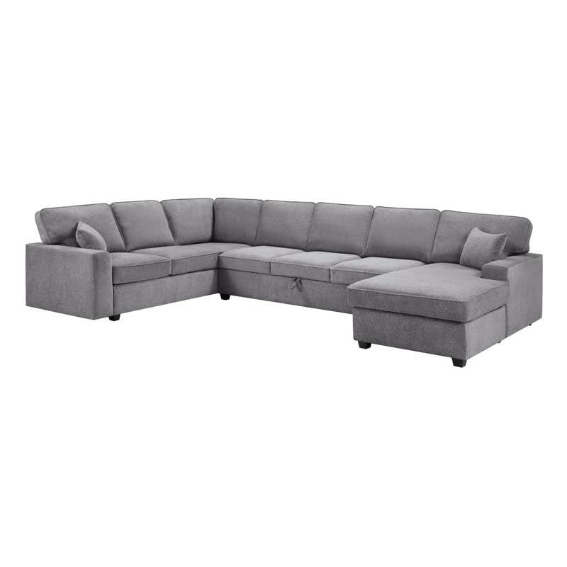 Samara 137W Gray Chenille Sectional Sofa with Right-Facing Chaise, Underseat Storage, Throw Pillows