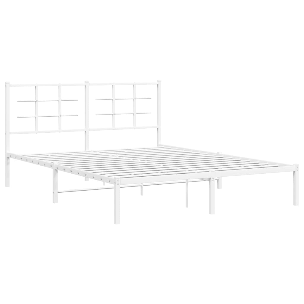 vidaXL White Metal Bed Frame-Double with Headboard, Steel Construction, 59.1"x78.7" Mattress Compatible, Under-Bed Storage, Modern Bedroom Furniture