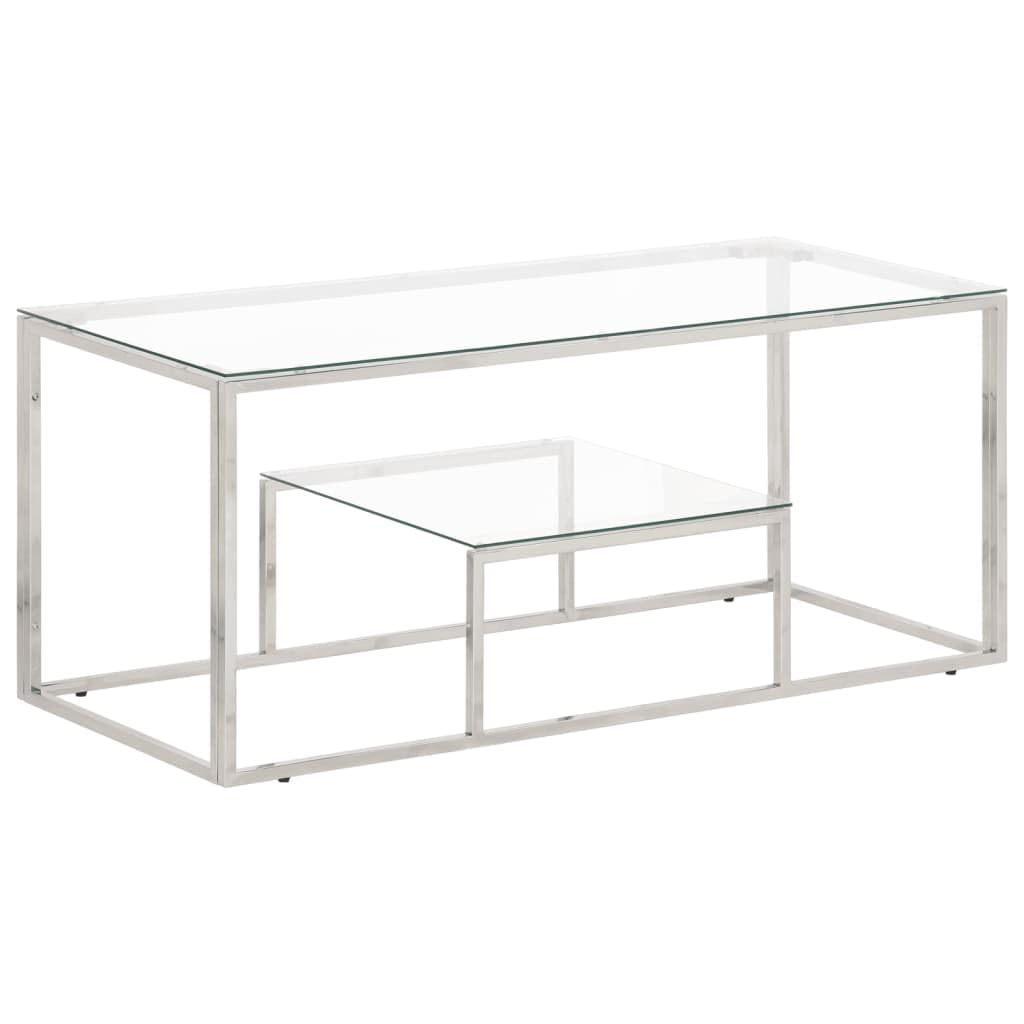 vidaXL Silver Stainless Steel Coffee Table with Tempered Glass-Top - Rectangular Modern Accent Table for Living Room, Office