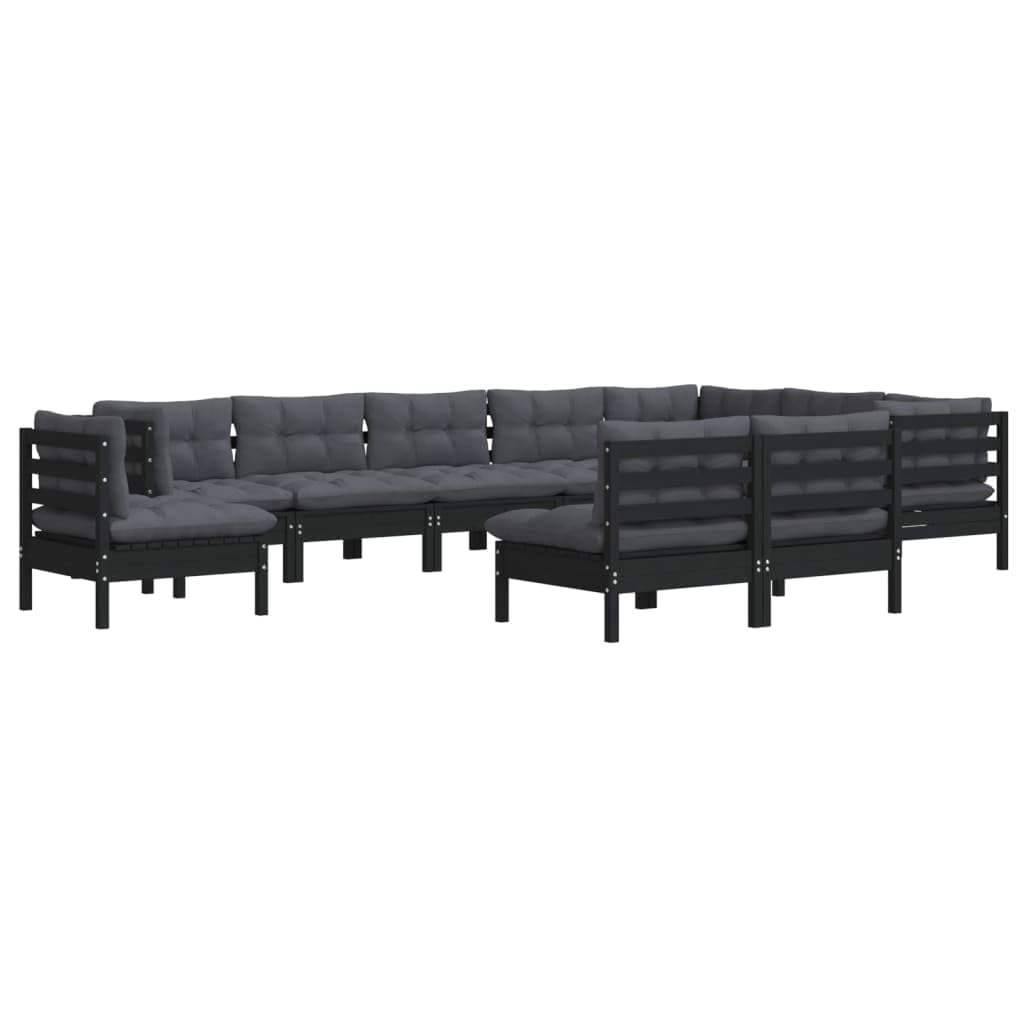 vidaXL Solid Pinewood Patio Lounge Set 10 Piece with Cushions Garden Outdoor Lawn Yard Terrace Balcony Wooden Seat Seating Furniture Black