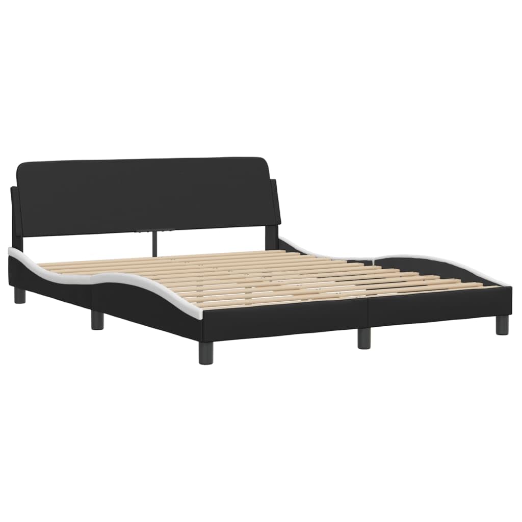 vidaXL Faux Leather Bed Frame - 59.8x79.9 Black/White - Fashionable Waved Design Headboard, Easy Maintenance, Sturdy Support Legs, Plywood Slats
