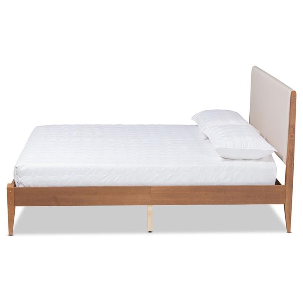 Baxton Studio Lenora Mid-Century Modern Beige Fabric Upholstered and Walnut Brown Finished Wood Full Size Platform Bed