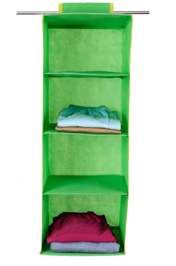 Shrey Creation Foldable Hanging 4 Shelf/Compartment Wardrobe Organizer Closet Cloth OrganizerGreen