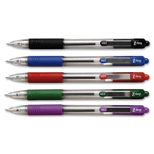 Zebra Pen Z-Grip Retractable Ballpoint Pen - Medium Pen Point Type - 1 Mm Pen Point Size - Black, Green, Red, Purple, Cyan Ink -