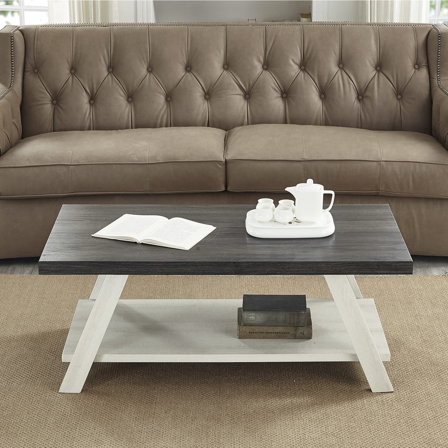 Athens Contemporary Two-Tone Wood Shelf Coffee Table In Weathered Charcoal And Beige
