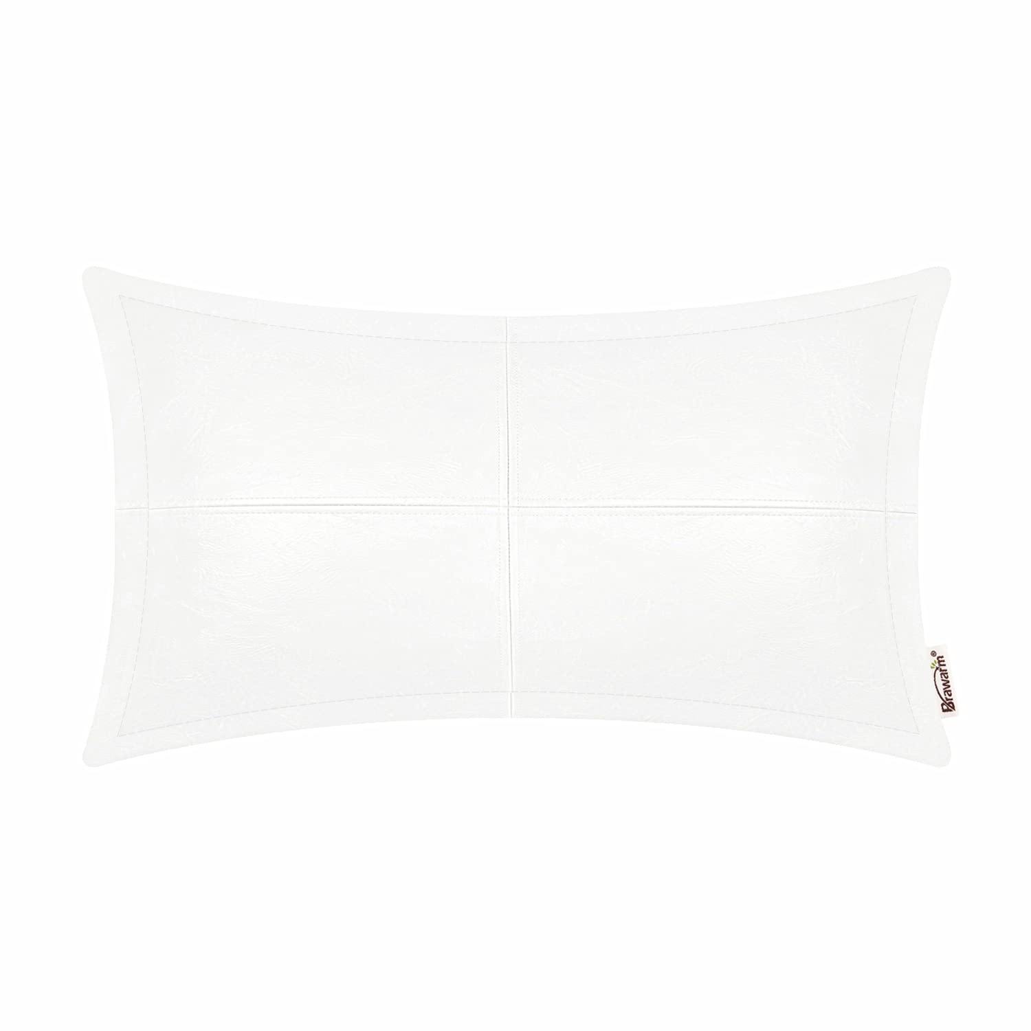 Brawarm White Leather Throw Pillow 12 X 20 Inches, Faux Leather Pillow Cover With Piping, Hand Stitched Leather Decorative Lumba