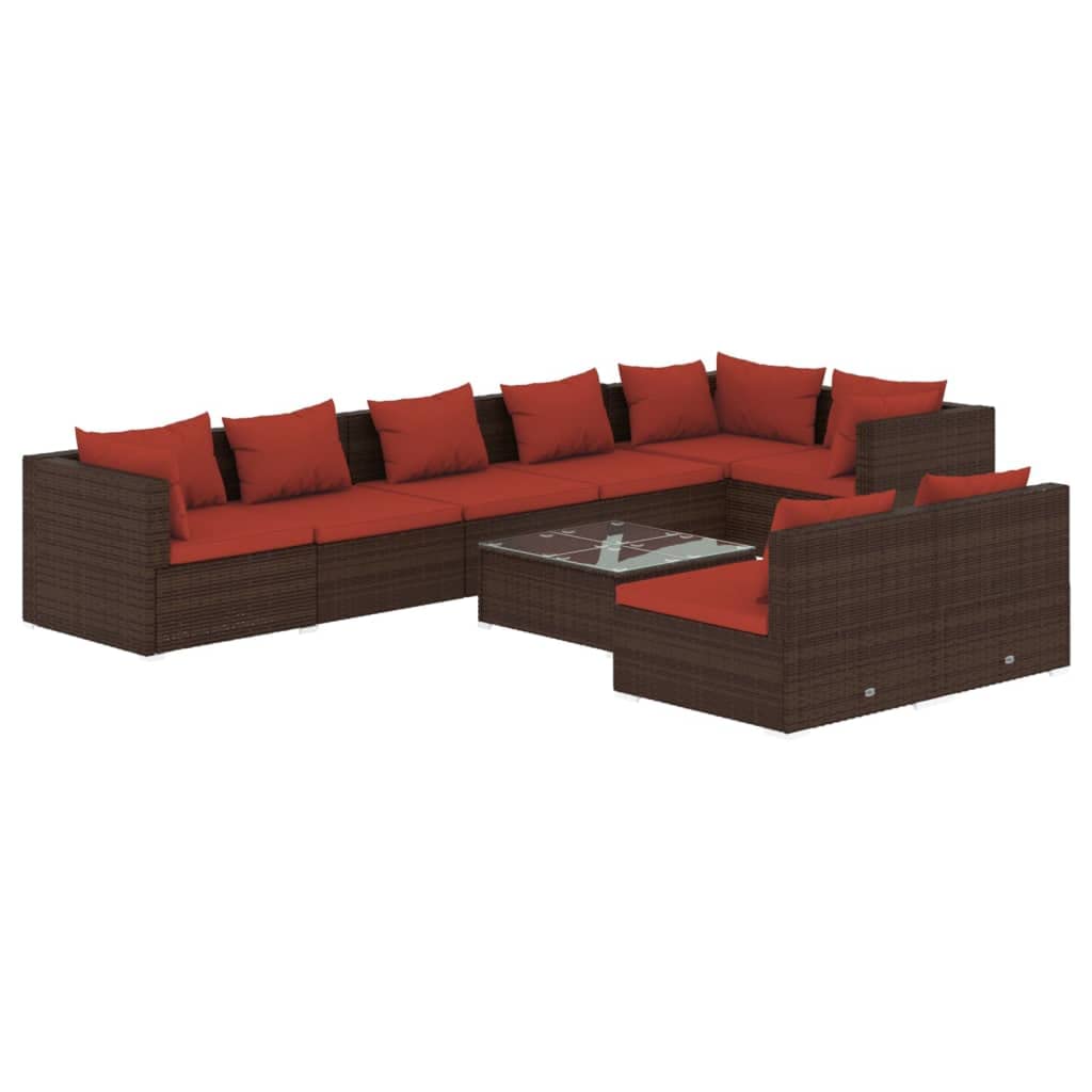 vidaXL Patio Lounge Set 9 Piece, Patio Furniture Set for Outdoor Garden, Sectional Sofa with Cushions, Corner Sofa, Brown Poly Rattan