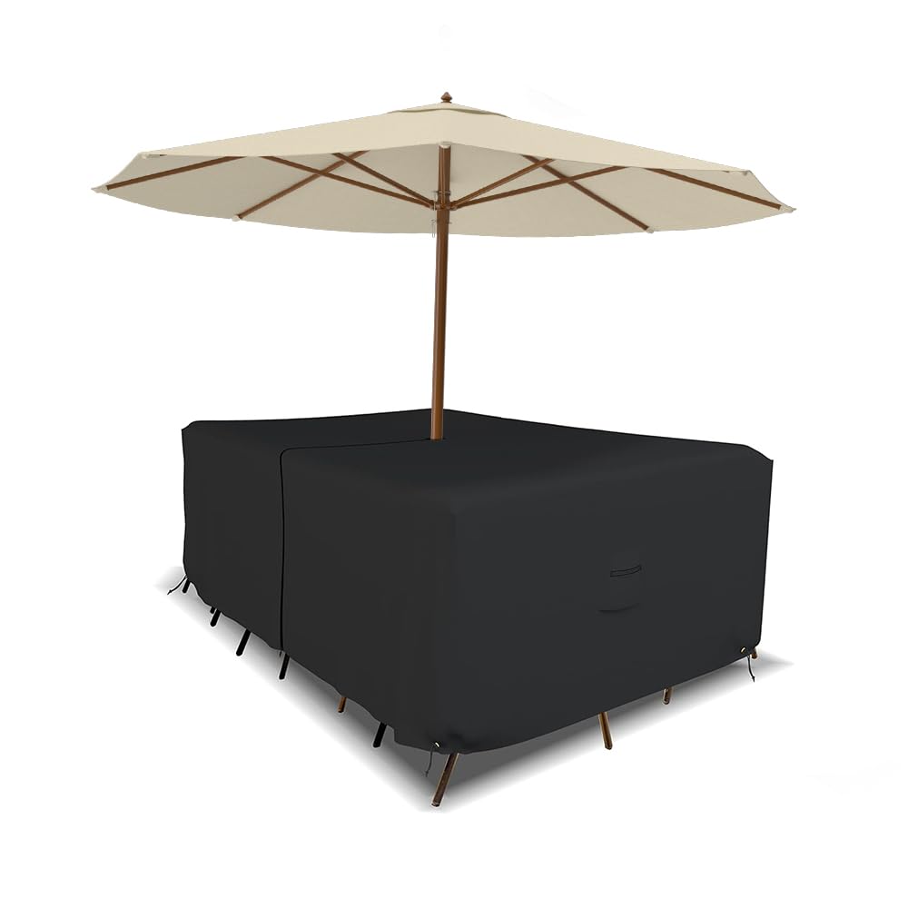 Covers & All Rectangle Table & Chair Set Cover, Umbrella Hole, 12 Oz Waterproof Uv & Weather Resistant, Patio Lawn Garden Backyard Furniture, Air Vents & Drawstrings (108'L X 82'W X 23'H, Black)