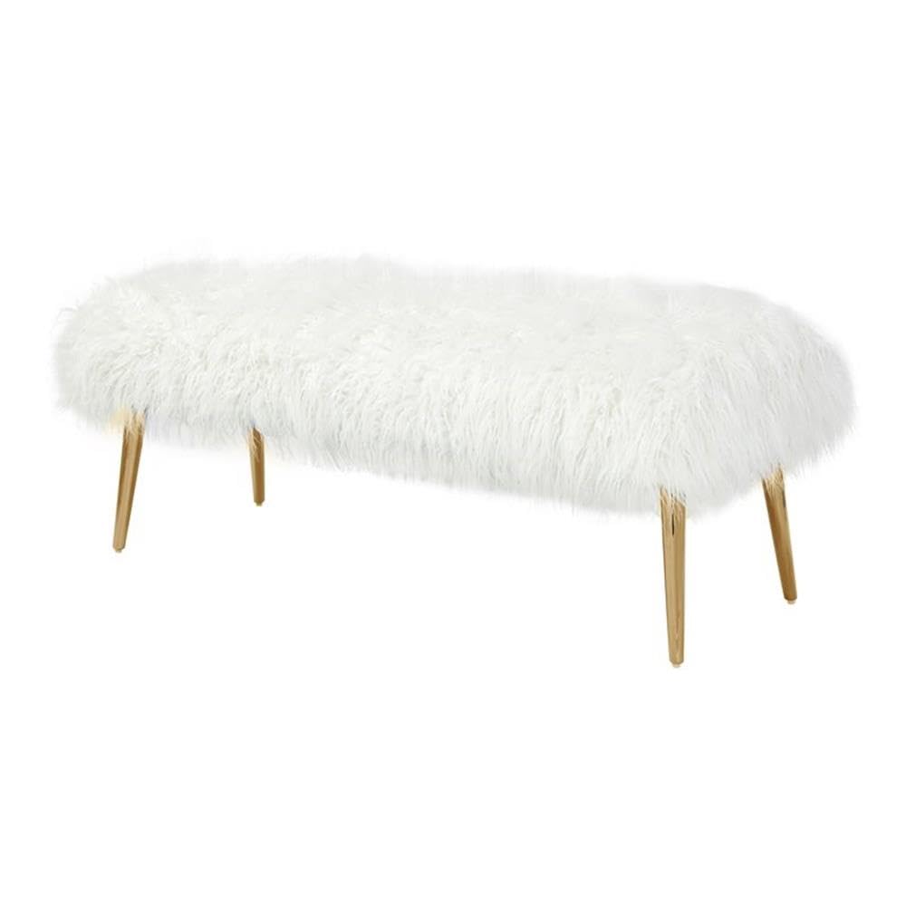 Pangea Home Lammy 17" Modern Metal & Faux Fur Bench In White/Gold