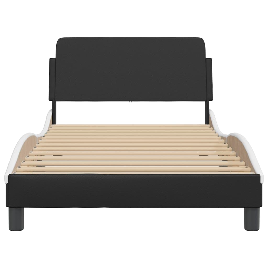 vidaXL Modern Single Bed Frame with Headboard - 39.4"x79.9" Faux Leather Black/White, Metal Support Legs, Plywood Slats