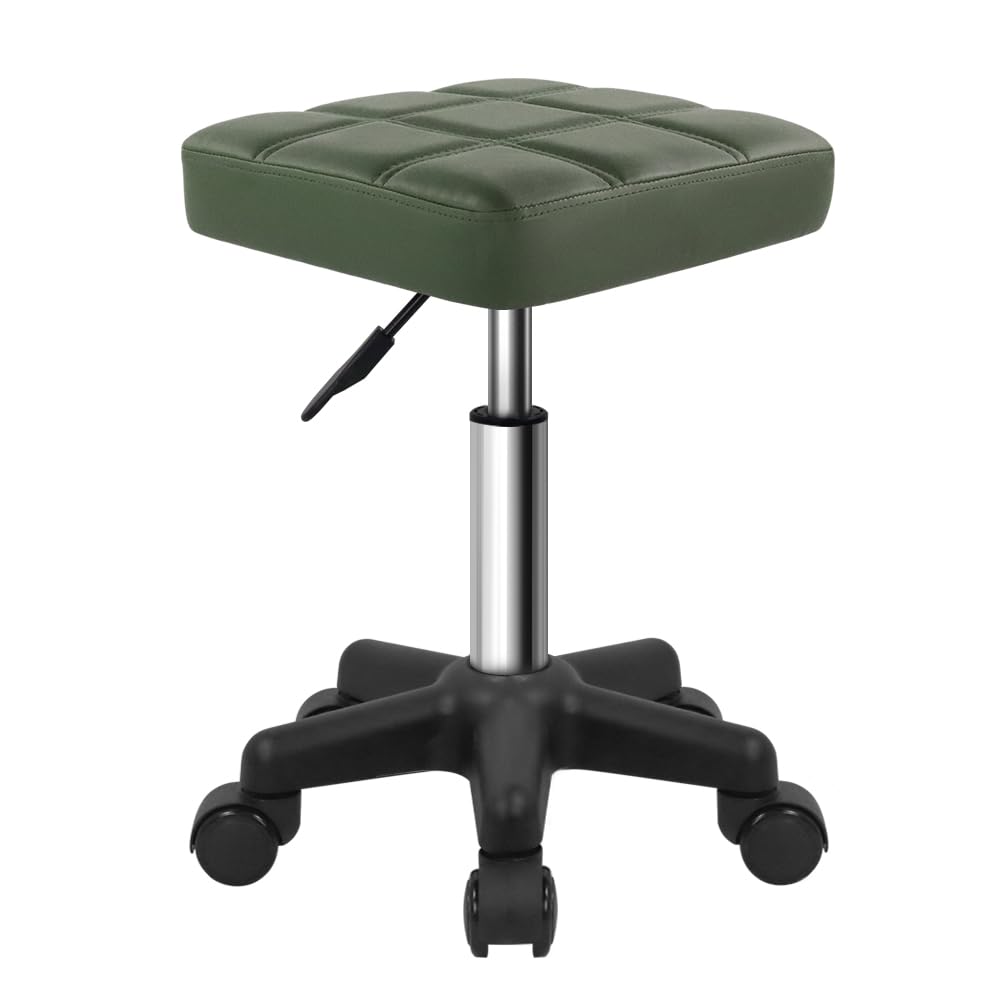 FURWOO Square Swivel Stool with Wheels PU Leahter Rolling Stool Height Adjustable Stool for Spa Salon Massage Green