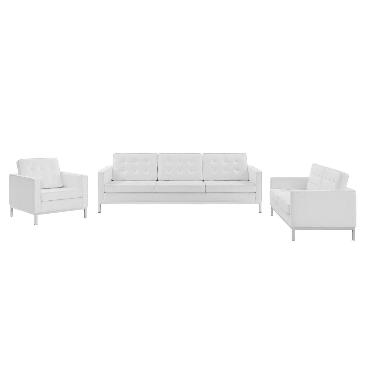 Modway Loft 3Piece Modern Tufted Upholstered Faux Leather Sofa Set In White