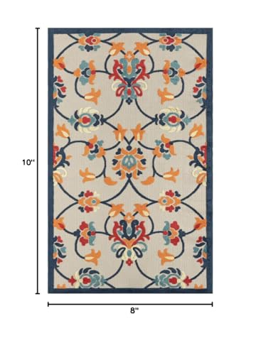 HomeRoots 517454 8 x 10 ft. Blue & Orange Floral Non Skid Indoor & Outdoor Rectangle Traditional Area Rug