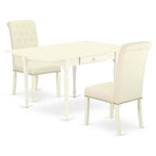 East West Furniture 1MZBR3-LWH-02 3 Piece Dining Room Furniture Set Contains a Rectangle Dining Table with Dropleaf and 2 Light Beige Linen Fabric Upholstered Chairs, 36x54 Inch, Linen White