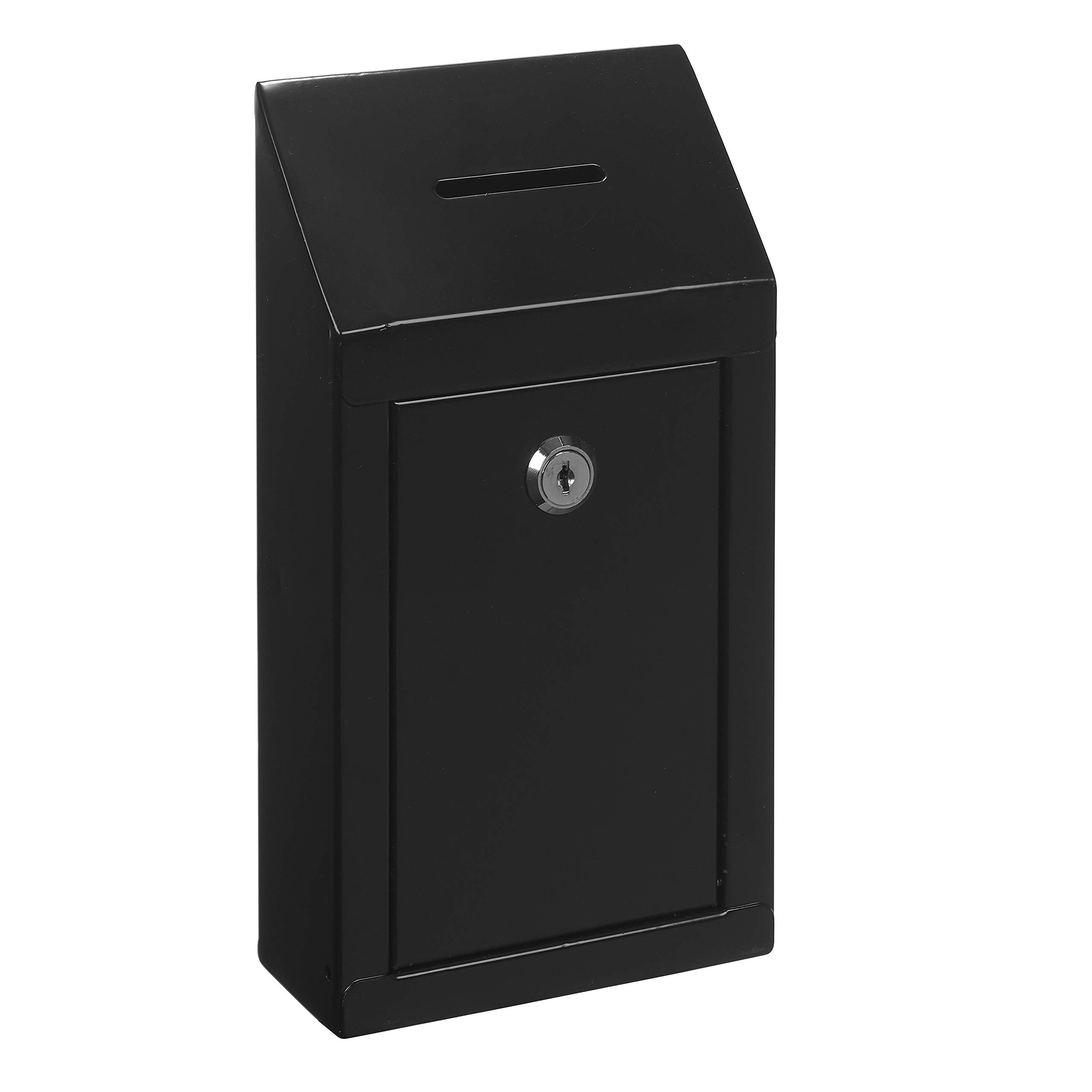 Metal Donation Drop Box - Steel Collection Box With Secure Lock, 2 Keys, Wall Mount, 10X6X2.5' (Black)