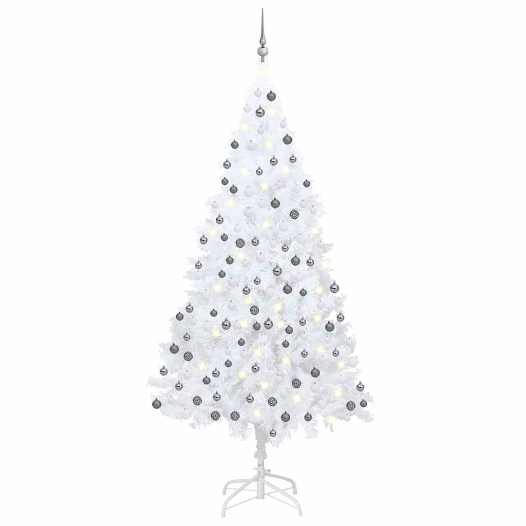 Vidaxl Artificial Prelit Christmas Tree Set With Led String Lights And Balls  White & Gray  82.7 Inches Height  Pvc, Steel,